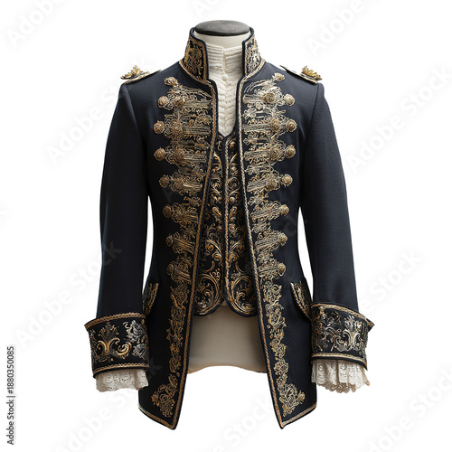 Ornate Black Vintage Military Uniform Jacket with Gold Embroidery and Braiding Isolated on Transferent Background