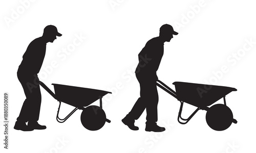 Two black silhouettes of a man pushing a wheelbarrow on white background.