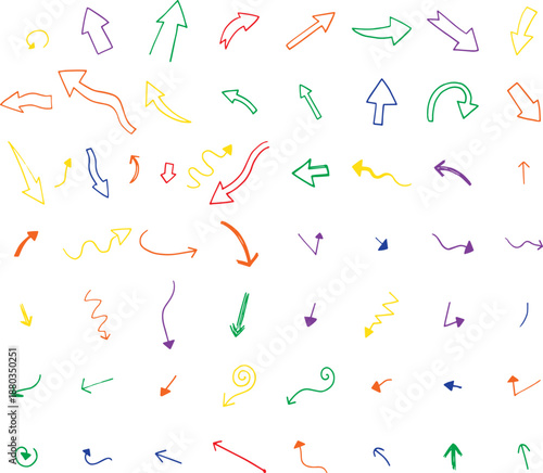 手描き風カラフル矢印のバリエーションセットイラスト｜方向・動線・流れ・強調を表現するスケッチ調デザイン、プレゼン資料・SNS・Web・チラシ・インフォグラフィックに使える装飾用アローマーク素材集