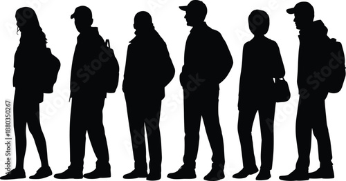 Black silhouettes of students walking, vintage street lamp collection, and open book icons isolated on white background for graphic design.