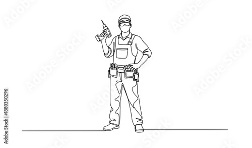 One line repairman with drill vector illustration for construction and service