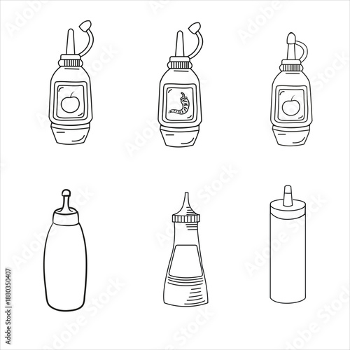 Collection of hand-drawn outline illustrations featuring various condiment and sauce bottles