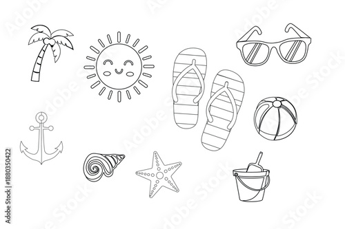 Collection of summer vacation and beach themed line art illustrations for coloring