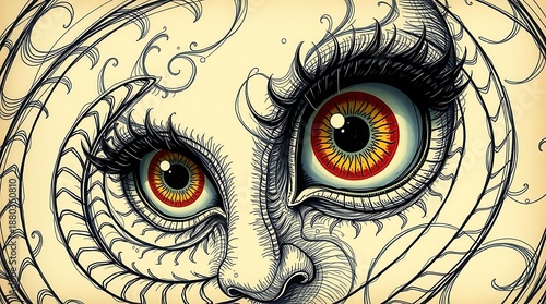 A surreal illustration of a face with striking colorful eyes