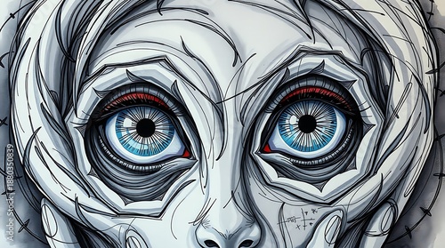 A close-up illustration of a humanoid face with striking blue eyes
