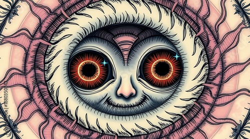 A surreal illustration of a creature with large, glowing eyes and a furry face
