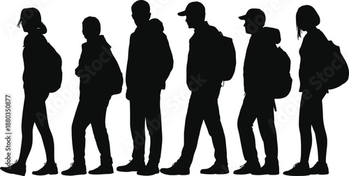 Black silhouettes of students with backpacks walking isolated on white background, young group of people traveling, students going to school.
