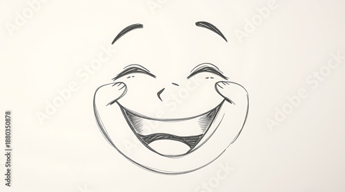 A pencil drawing of a smiling face with hands on cheeks