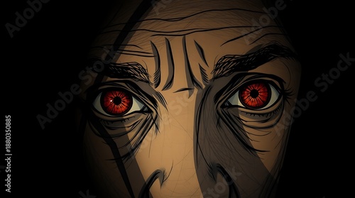 A close-up illustration of a man's face with red eyes