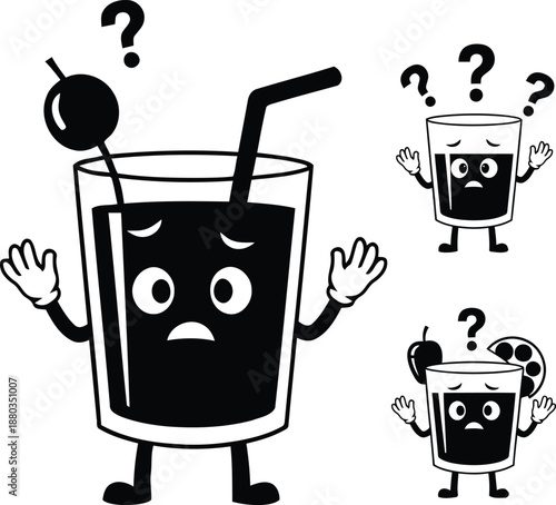 Confused fruit juice glass mascot character with question marks and cherry garnish black and white vector illustration for education concept.
