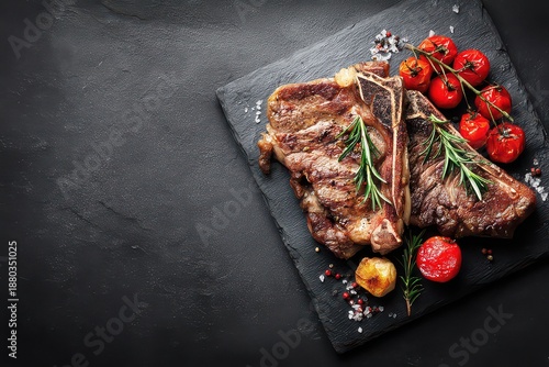 Grilled T Bone Steaks with Rosemary and Cherry Tomatoes on Black Slate Board in Dark Moody Lighting