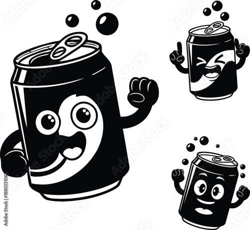 Excited soda can mascot character with happy face and bubbles jumping for joy black and white vector illustration for summer party design.