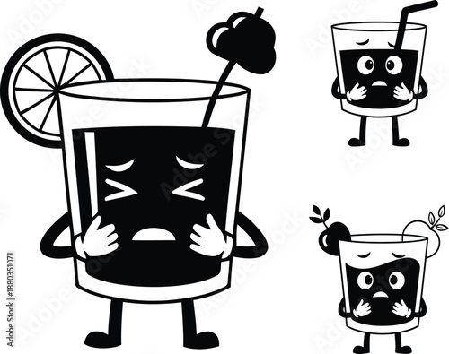 Unhappy fruit juice glass mascot characters with sad faces holding stomach black and white vector illustration for medical concept.