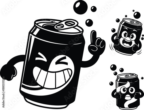 Set of cute soda pop can mascot characters with happy expressive faces and fizzy bubbles black and white vector illustration for kids coloring book.