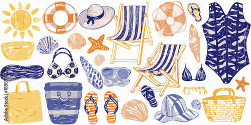 Beach vacation items and accessories illustration high quality