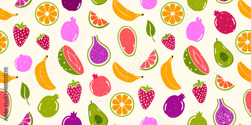 colorful fruit pattern with various fruits on cream background