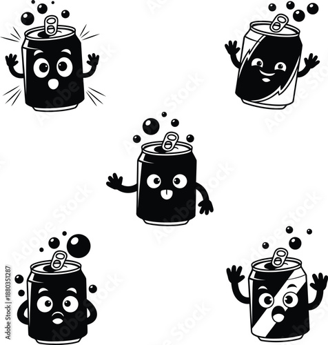 Set of cute soda pop can mascot characters with funny expressive faces and fizzy bubbles black and white vector illustration for kids coloring book.