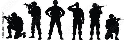 Military soldiers silhouette set, armed army forces standing, aiming rifles, saluting officer, tactical combat poses, defense security illustration