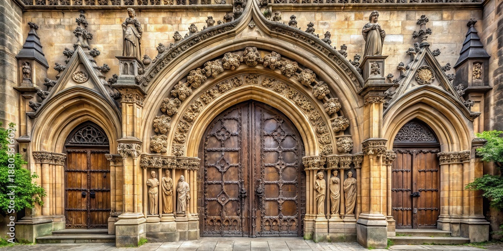 Obraz premium Ancient stone entrance gates with intricate carvings and ornate details leading to a historic church structure