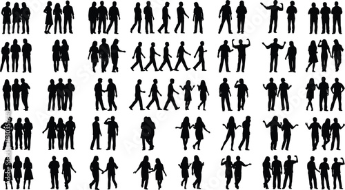 People, silhouettes, groups, interaction, walking, talking, teamwork, communication, poses, collection, men, women, social, lifestyle, human, figures, black, shadow, isolated, vector