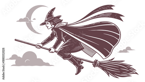 Witch Flying on Broom Halloween Fantasy Illustration