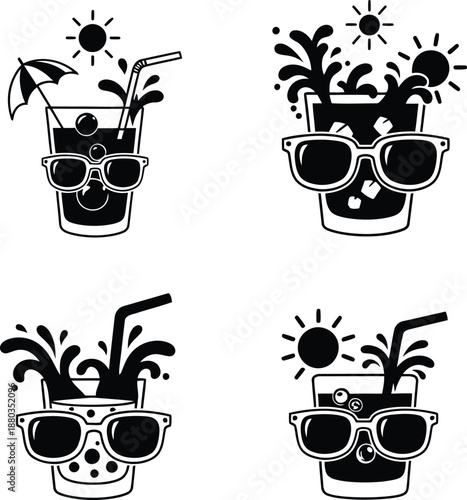 Set of summer drink icons featuring refreshing cocktails with sunglasses sun umbrellas and splashing water droplets in black and white vector style.