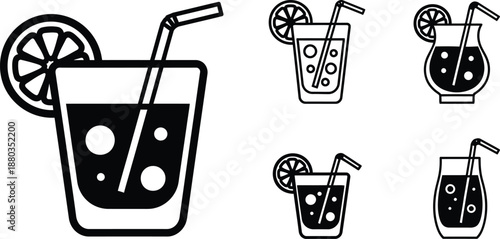 Refreshing cold drink icon collection showing lemonade glasses with straws and fruit slices in outline and silhouette styles.