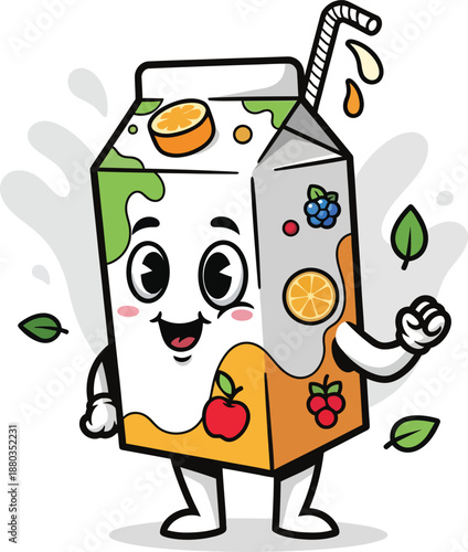 Happy fruit juice box mascot in colorful cartoon style featuring fresh orange and apple beverage container with straw.