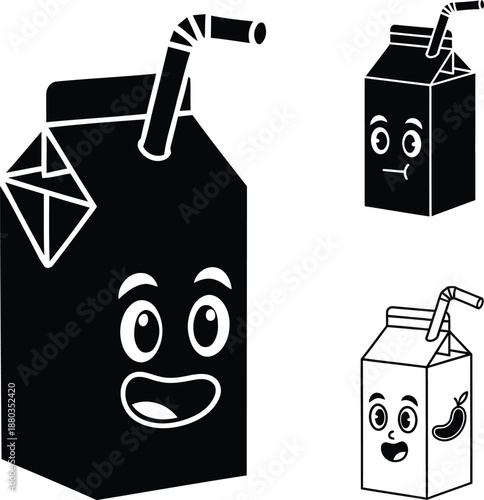 Cute juice box mascot characters with drinking straws showing happy and funny faces in black silhouette and outline styles.