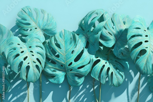 Monstera Leaves With Blue Texture On A Light Blue Surface Under Direct Sunlight Casting Strong Shadows Aesthetic Tropical Design
