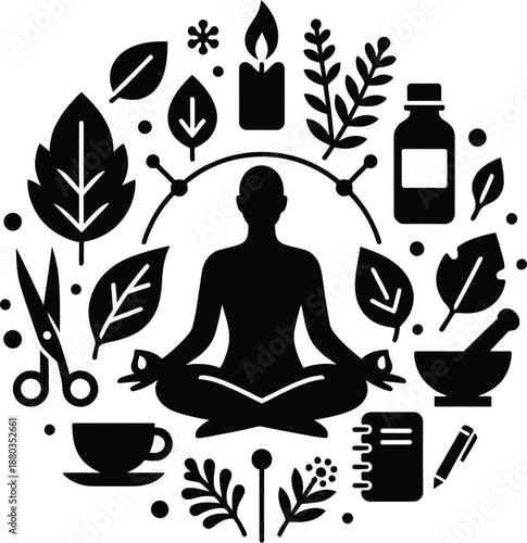 Circular wellness composition vector illustration with yoga meditation figure and natural spa elements in black silhouette style.