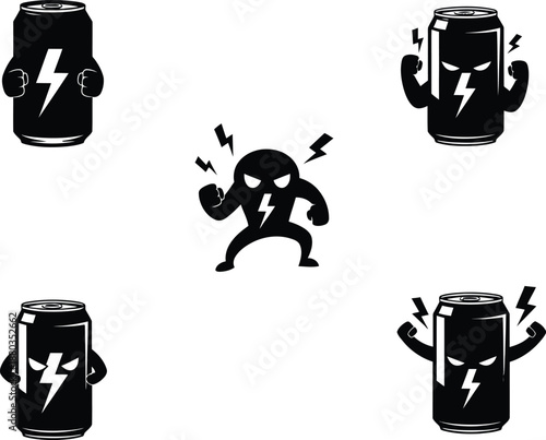 Set of angry energy drink can mascots in black silhouette style showing strong soda containers with lightning bolts and muscles.