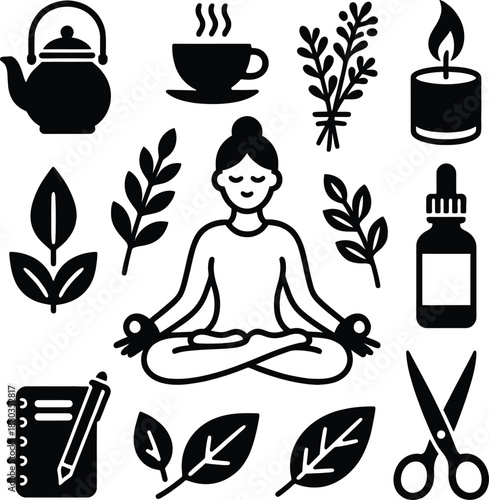 Set of wellness and self care icons in black silhouette style showing woman meditating with herbal tea and plants.