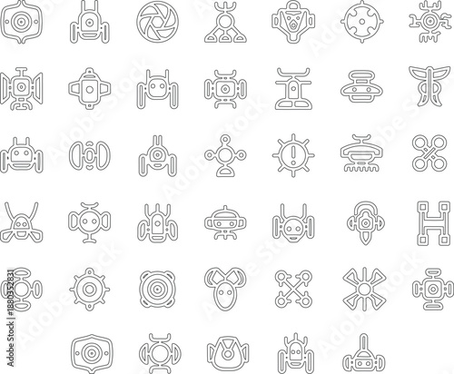Large set of abstract geometric robot and alien icons in grey outline style showing futuristic technology symbols for sci-fi game interface design.