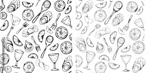 A seamless pattern of hand drawn kitchen utensils citrus fruit and glassware