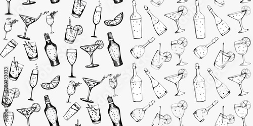 A seamless pattern of various sketched cocktail glasses and liquor bottles