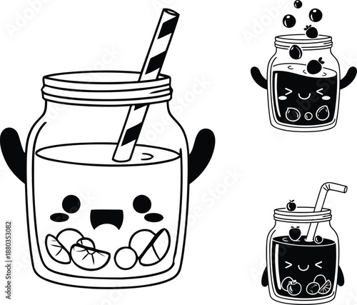 Cute mason jar mascot icon in black outline style showing fresh fruit smoothie with straw and citrus slices.