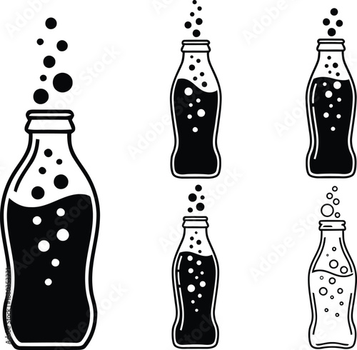 Set of glass soda bottle icons in black silhouette style showing carbonated cola drinks with fizz bubbles.