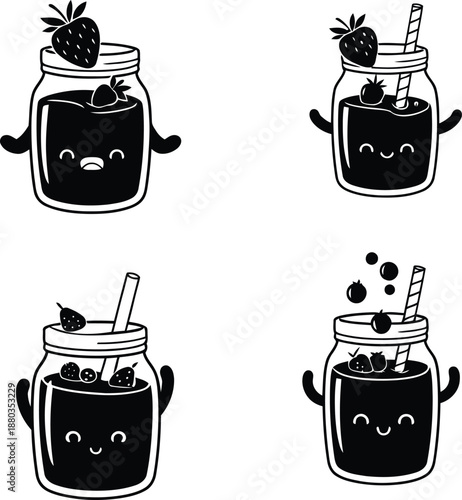 Set of cute mason jar smoothie icons in black silhouette style showing fresh berry drink containers with happy faces.
