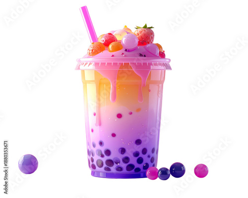 This image showcases a colorful and enticing 3D rendered bubble tea with jelly toppin 