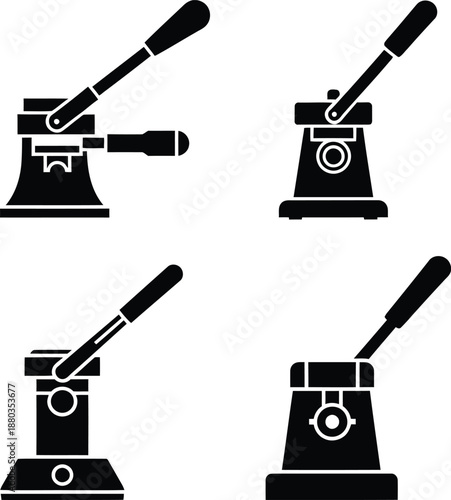 Set of manual lever espresso maker icons in black silhouette for cafe menu and barista logo design.