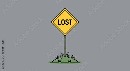 A yellow sign on a pole in the grass indicates lost, conveying confusion and disorientation in a simple illustration