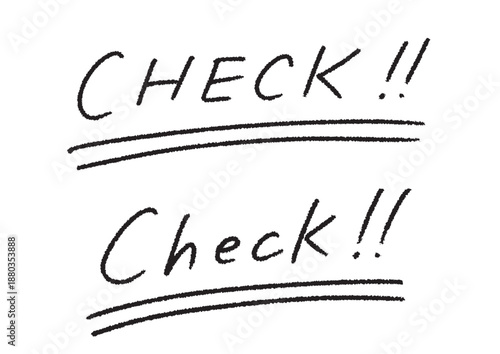 勢いのある筆致で描かれた「CHECK!!」の手書き文字 雑誌風の見出しや注目ポイントに最適なロゴ素材