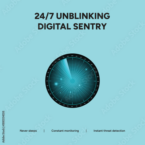 24/7 Unblinking Digital Sentry Radar Interface, AI Cybersecurity Constant Monitoring and Threat Detection Graphic on Cyan Background
