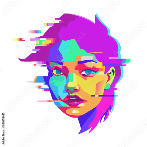 Vibrant colors swirl around a fragmented face, eerie digital glitch art distorts features, abstract shapes replace eyes, nose, and mouth on a hauntingly beautiful female ... See More