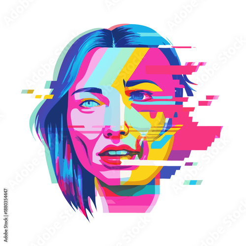 Vibrant colors swirl around a fragmented face, eerie digital glitch art distorts features, abstract shapes replace eyes, nose, and mouth on a hauntingly beautiful female ... See More