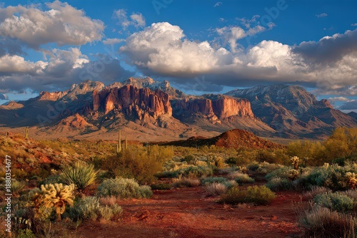 Scenic Arizona Landscape with Red Rock Mountains Under Cloudy Sky Warm Sunset Light Casting Shadows on Desert Plants and Vegetation in Foreground