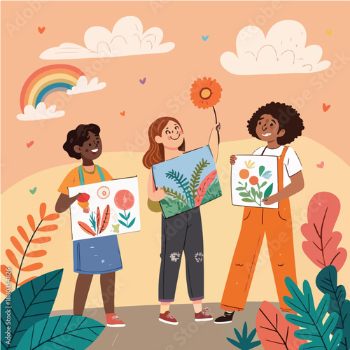 Children happily displaying their colorful artwork under a bright rainbow sky