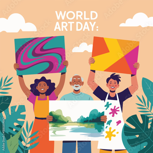 Celebrating world art day with diverse people and colorful paintings