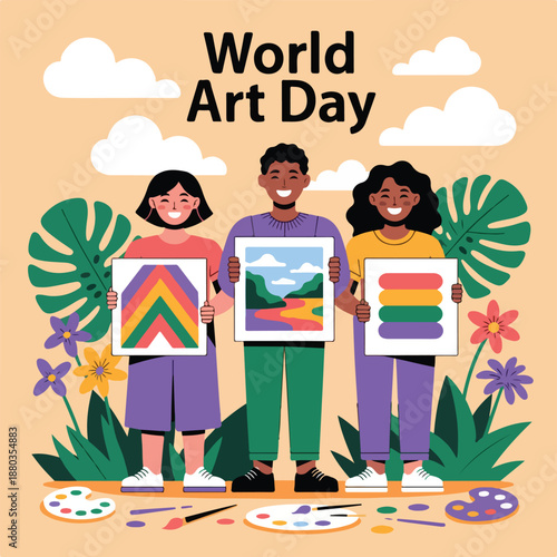 Celebrating world art day with diverse people and colorful artwork displays